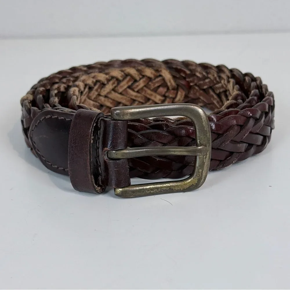 Brown Woven Leather Belt Brass Buckle 42